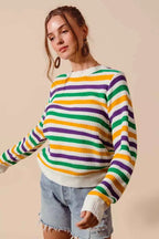 SO ME Women Sweater Ivory Mardi Gras Color Stripe Knit Top 74d71abd45634d5c83aec963af2df257-Max-Origin Trendsi