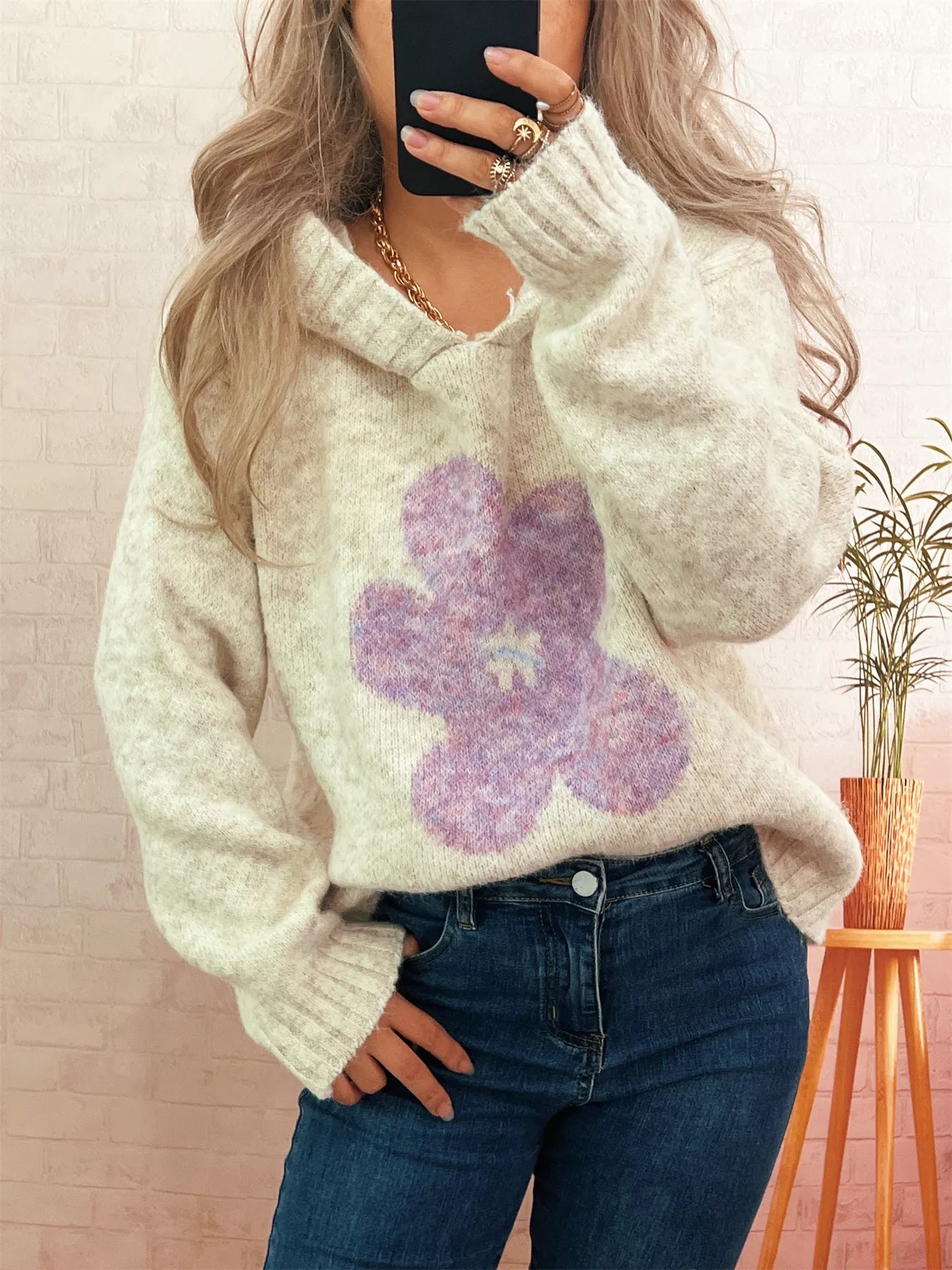 Women's Sweater Flower Long Sleeve Hooded Knit Pullover 74dbe1e1173649f193dfffc428d45337-Max-Origin Trendsi