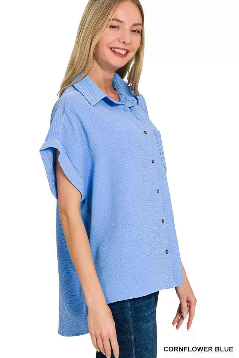 Zenana Women Shirt Blue Woven Airflow Short Sleeve Top 74ebe003-a365-471d-a27b-3c5f5a1981b2-Max-Origin Trendsi