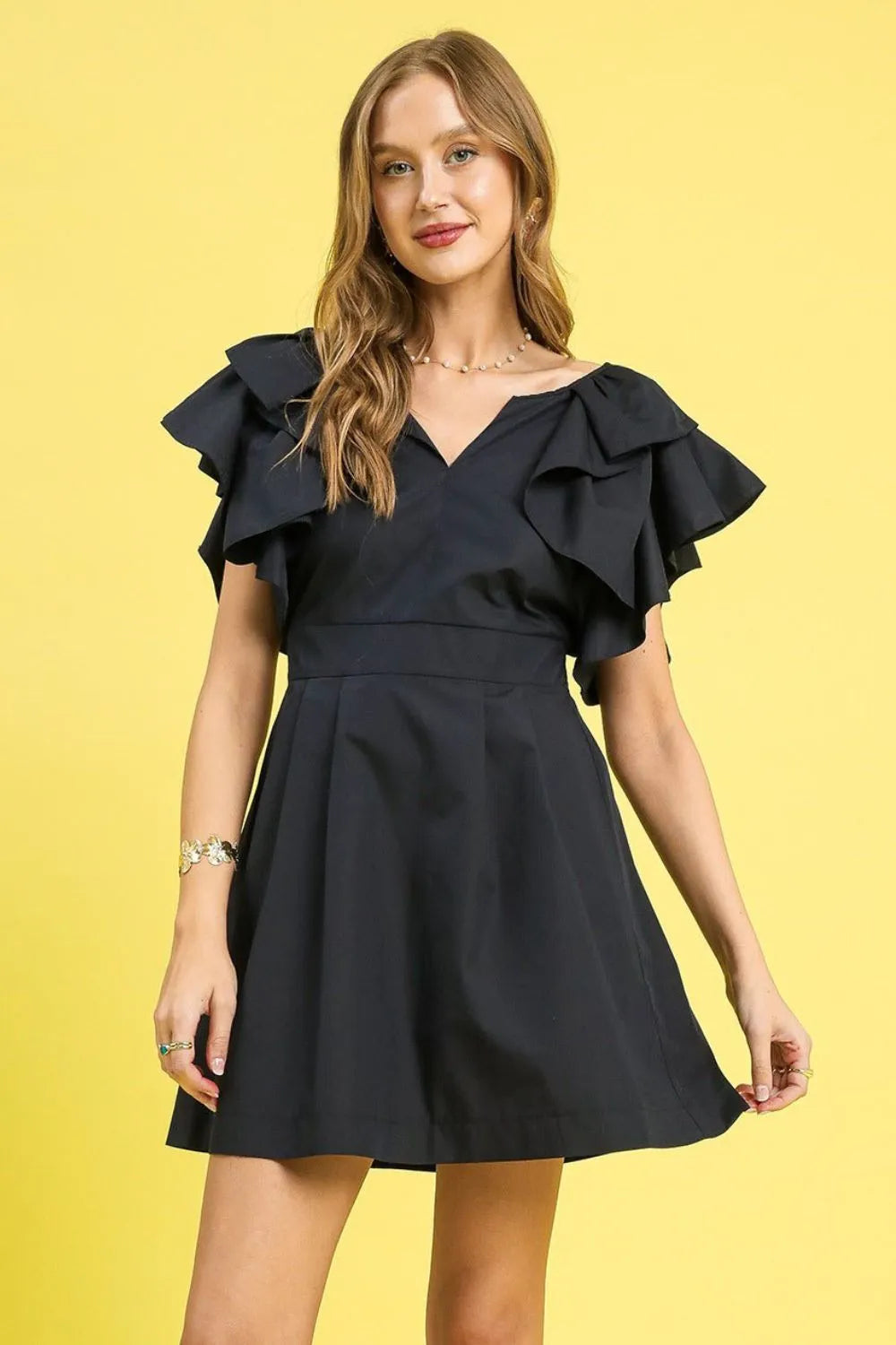 Umgee Black Short Dress Double Ruffle Sleeve Fit and Flare Back Tied Black 74f87f9e-b17b-4fdd-bc90-dff0df33e279-Max-Origin Trendsi