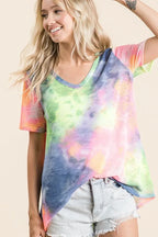 BiBi Tie Dye Print Womens T-shirt Low Gauge Deep U Neck Top 74fafeb622c6410f8e732c4660b35e69-Max-Origin Trendsi