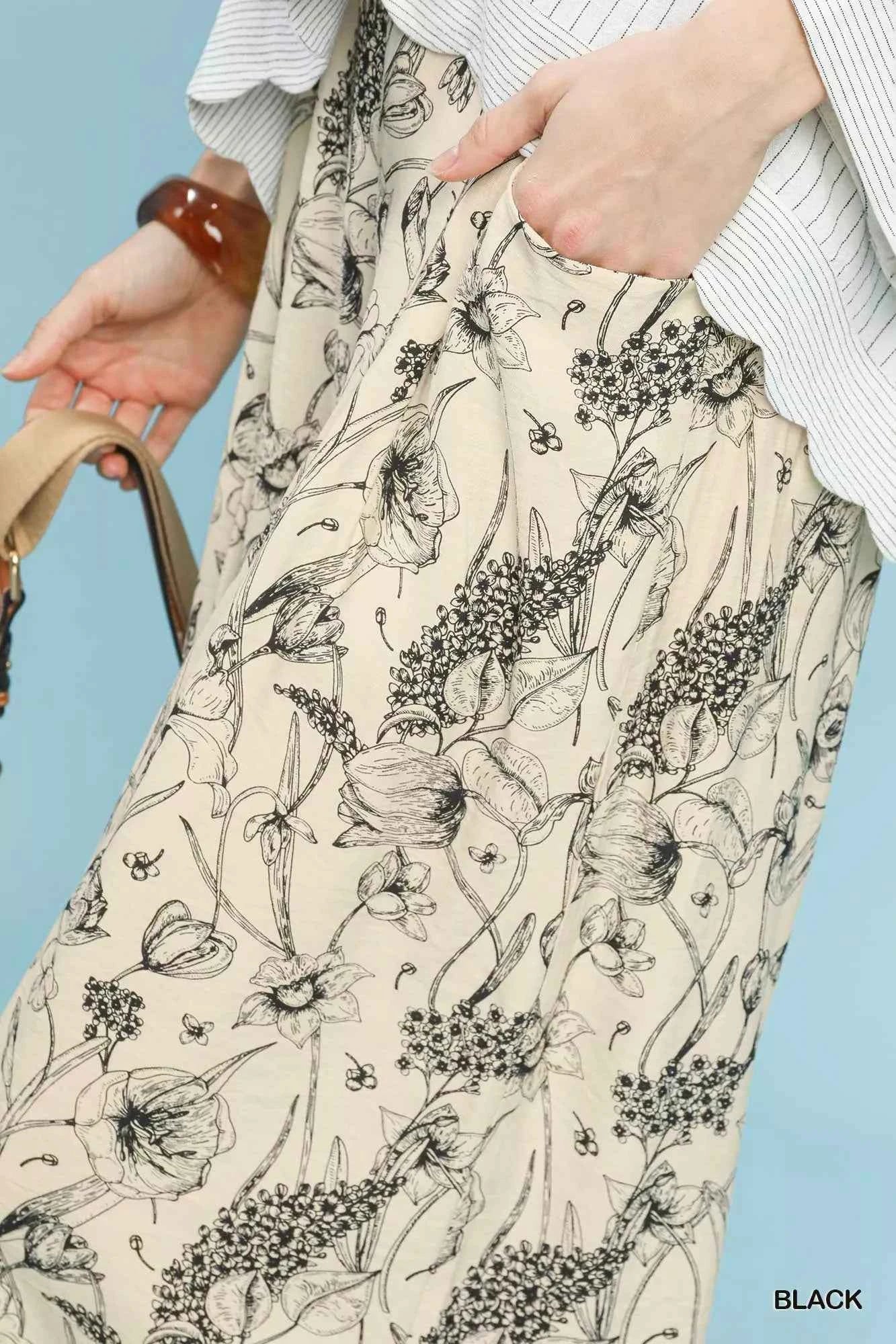 Umgee Women Wide Leg Pants Black Floral Two Tone Print Relaxed 7510c406-9fa8-411e-9fc6-f67bb143b6ff-Max-Origin Trendsi