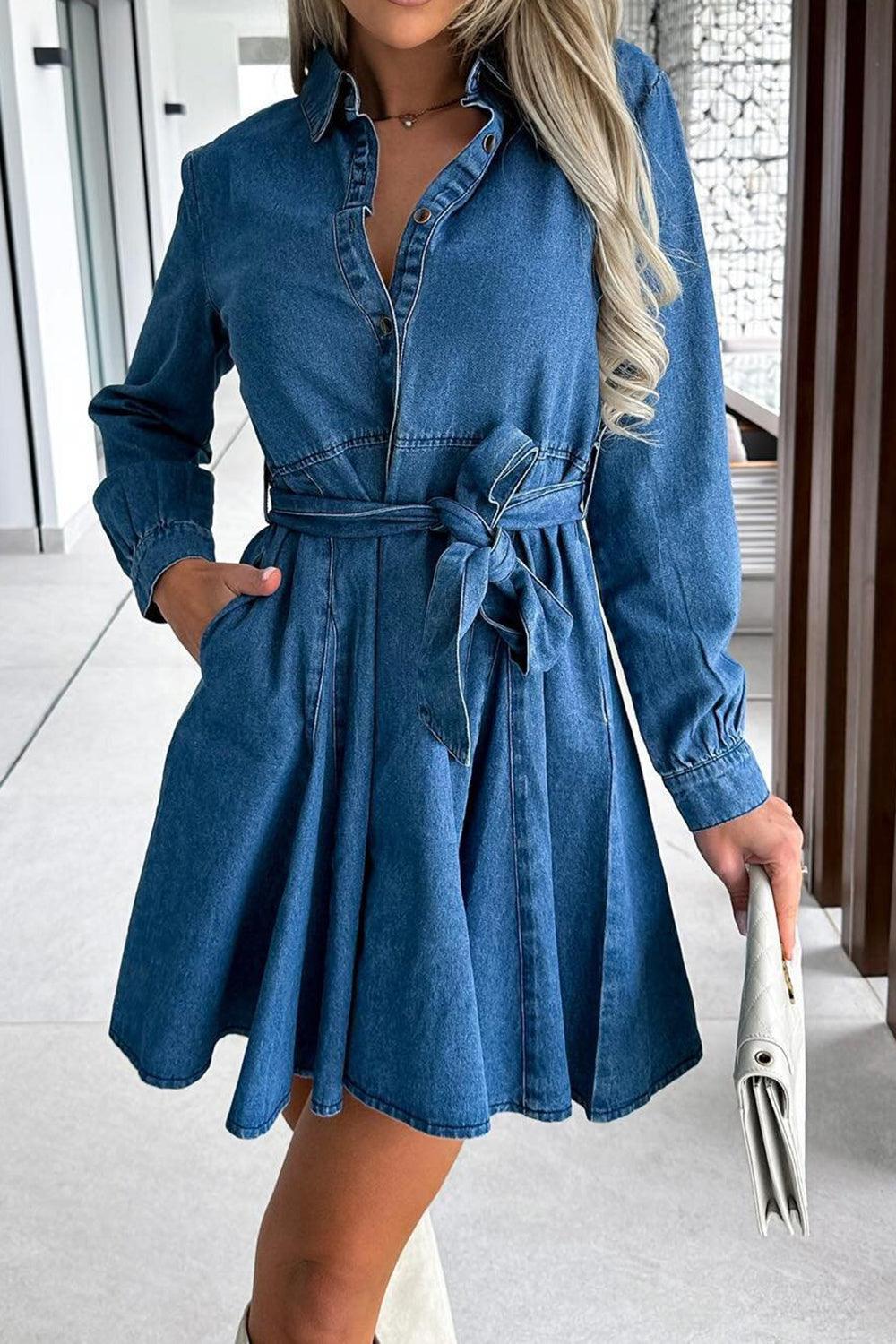 Denim Dress Tied Half Button Long Sleeve Belted Pleated Dusty Blue 7515f54d-6d0b-424d-bc42-87298b9ba9f7-Max Trendsi