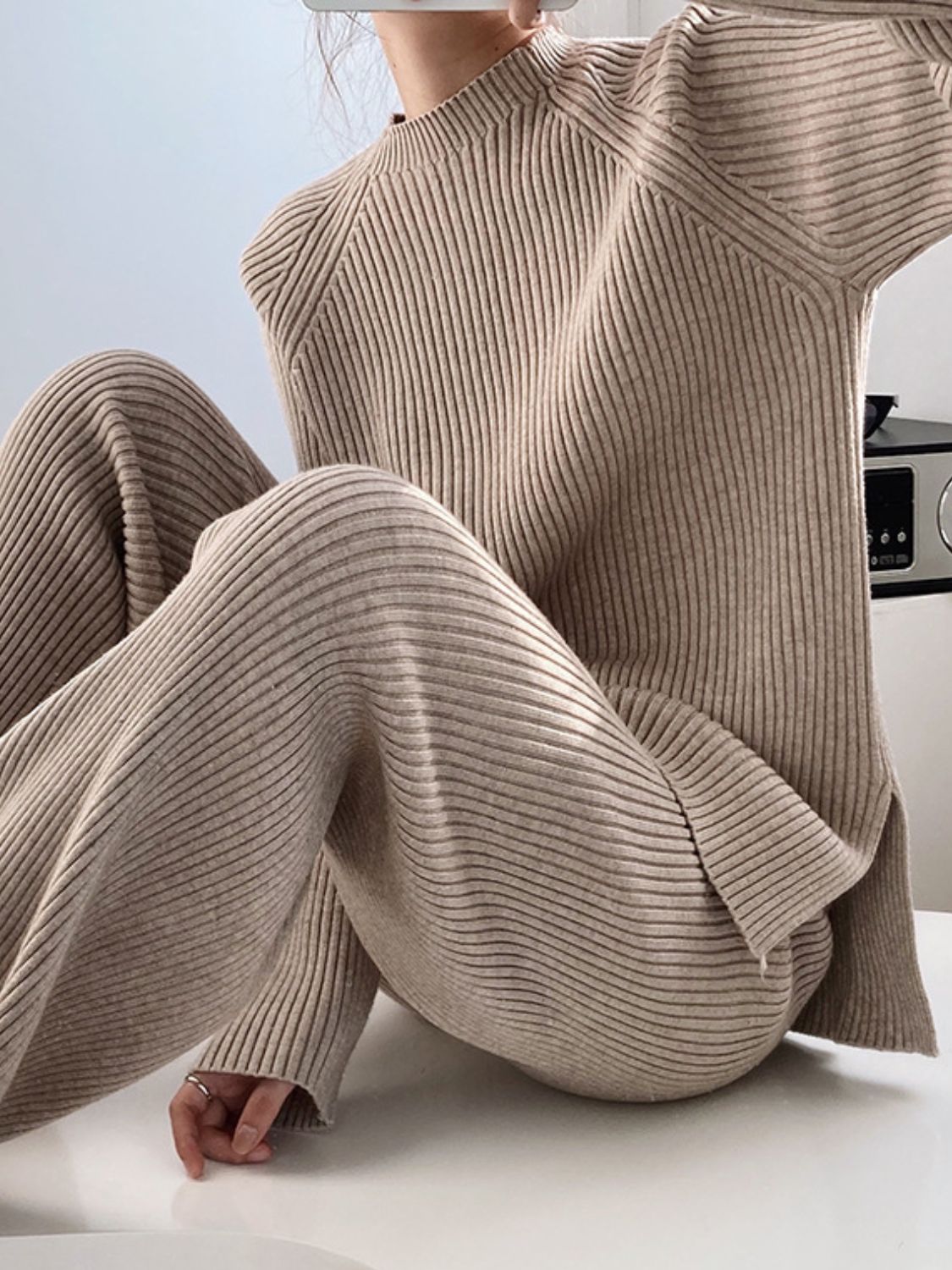 Women Sweater Set Mock Neck Raglan Sleeve Top and Pants 2 Pcs Set 751629bb-6ed2-4a36-b9d5-077729f529e8-Max Trendsi