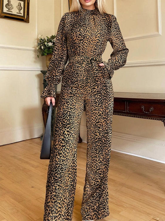 Leopard Jumpsuit Flounce Long Sleeve Wide Leg Ruffled Belted