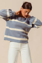 SO ME Womens Sweater Dusty Blue Ribbed Striped Round Neck Pullover 751d1233407840fda7eaad24a722205a-Max-Origin Trendsi