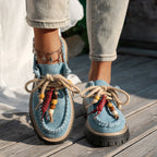 Beaded Lace-Up Loafers with Mid Heels, Polyester and Rubber Materials, Imported