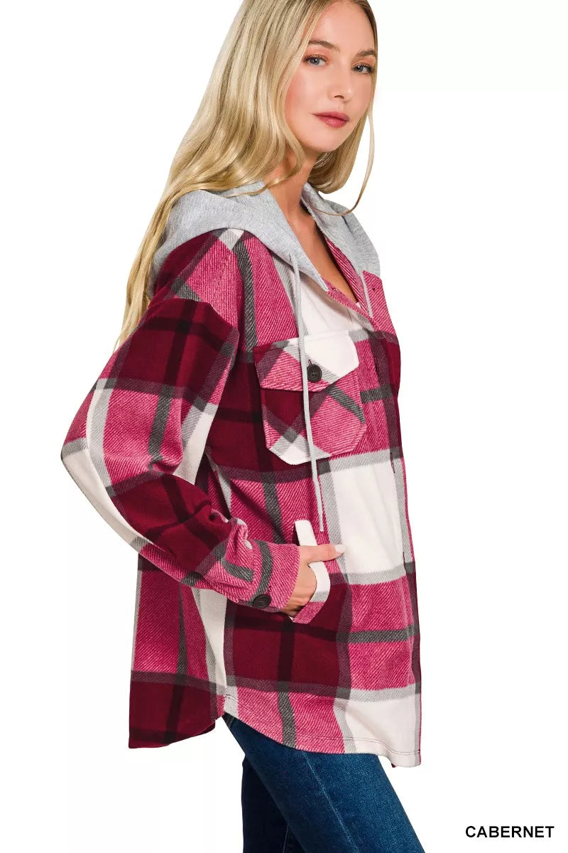 Zenana Plaid Drawstring Hooded Fleece Shacket 7527bc2da9404f82b7758efcfcb12818-Max-Origin Trendsi