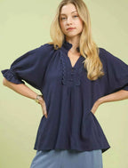 Umgee Linen Blouse Navy Blue Scalloped Ruffle Neck Top NAVY 7528d5e3-1c0d-4199-bc9a-cea0d06a6a28-Max-Origin Trendsi