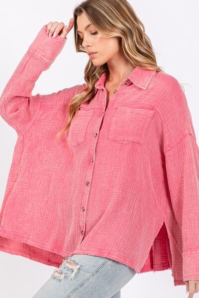 SAGE + FIG Cotton Shirt Pink Frayed Hem Side Slit Button Down Oversized Top 7531a327-b43b-46d5-a19c-4f92dd97a50c-Min Trendsi