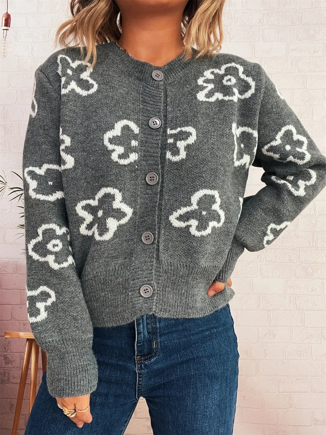 Women's Cardigan Floral Pattern Knit Button-Up Long Sleeve 75395cafd3194086ba10a24b469b2627-Max-Origin Trendsi