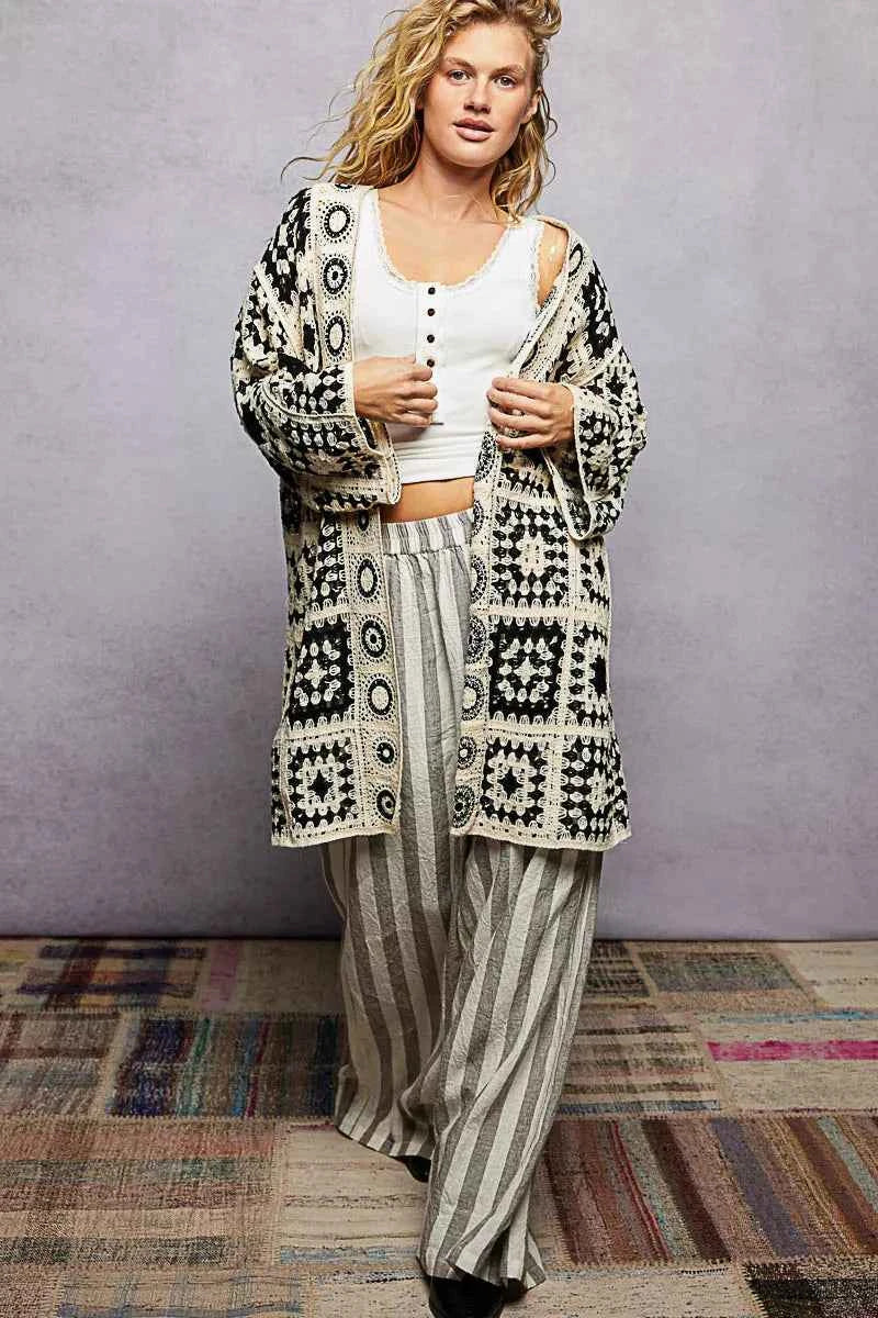 POL Crochet Cardigan Black Multi Longline Open Front with Granny Square Pattern 75457154-3792-45c3-bdee-1c854ecbf43f-Max-Origin Trendsi
