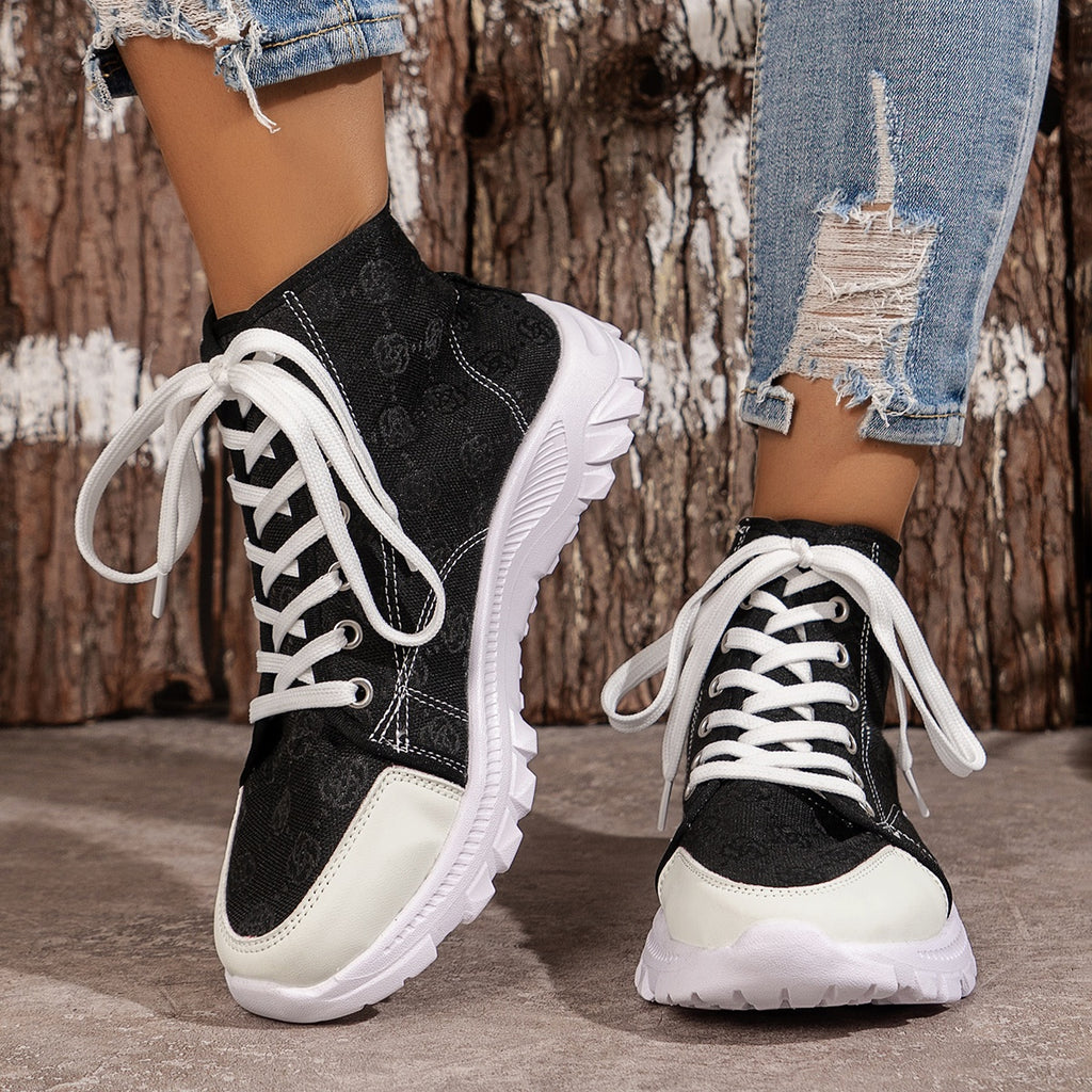 Lace-Up Round Toe Sneakers with Canvas and Rubber Sole, Flats, Imported