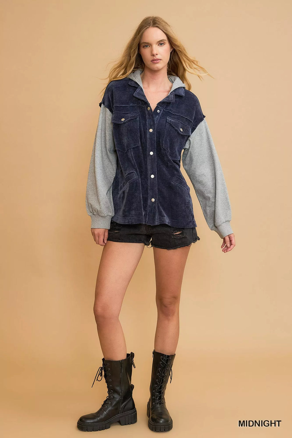 Umgee Womens Jacket Hooded Chenille Midnight Blue Contrast Gray Sleeves 7554882d-843a-443e-afb8-7d7bf4dcc51f-Max-Origin Trendsi