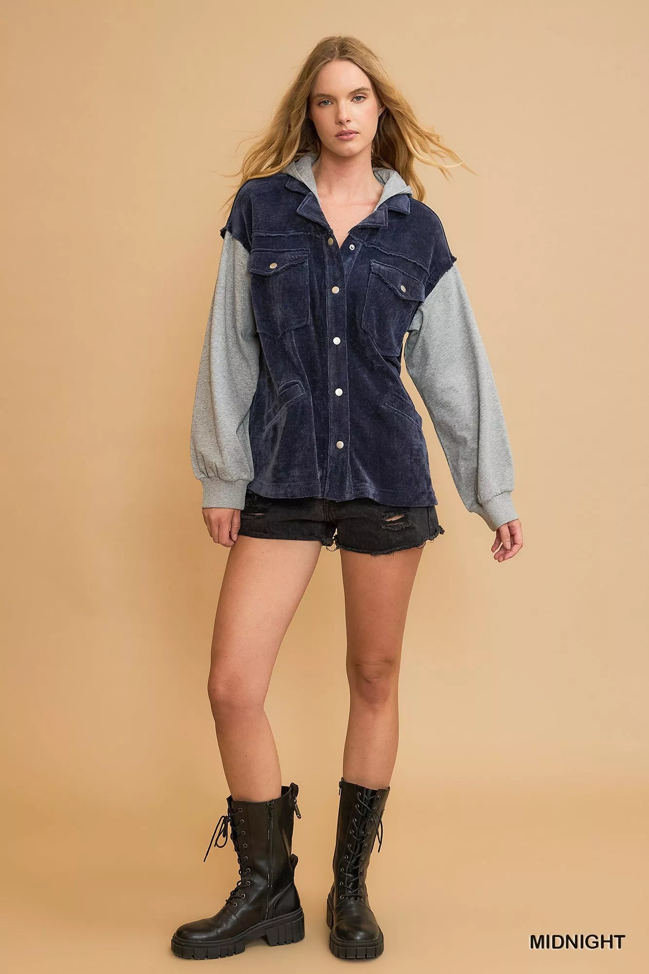 Umgee Womens Jacket Hooded Chenille Midnight Blue Contrast Gray Sleeves 7554882d-843a-443e-afb8-7d7bf4dcc51f-Max-Origin Trendsi