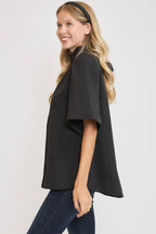 Umgee Black Women Blouse Bow Tie Back Mock Neck Half Sleeve Ruffled Top 755a98c1-34b1-4234-a419-8fdce21797b8-Max Trendsi