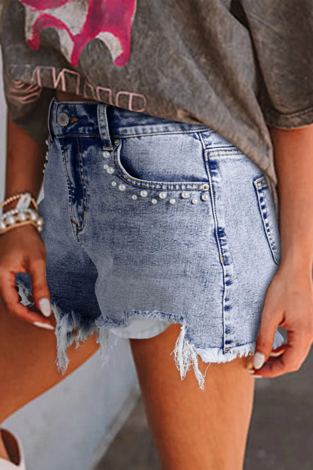 Denim Shorts Pearl Studded Pockets Raw Hem Light Blue 755faa0e-366a-4c98-8300-743d549026e4-Max-Origin Trendsi