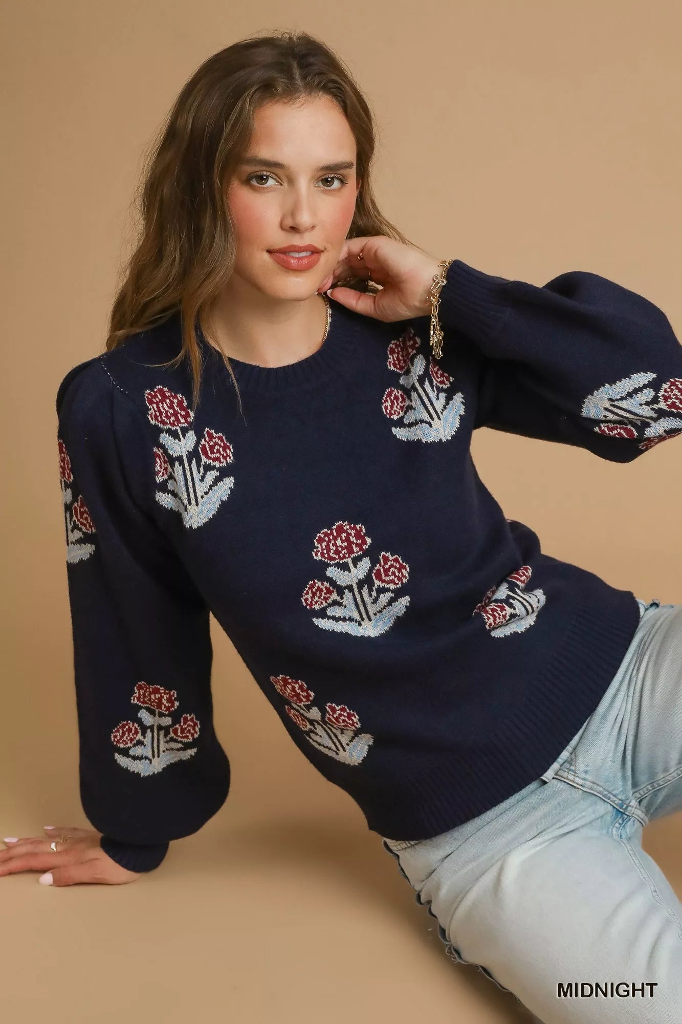 Umgee Womens Floral Knit Sweater Midnight Blue with Puff Sleeves 755faf8e-6564-4f1e-90b0-e3a23be4bdcb-Max-Origin Trendsi