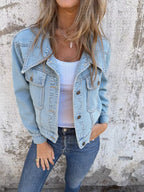 Women's Denim Jacket Button Up Light Blue Wash Long Sleeve Light Blue 75649744b9c3433d953fdc10420e11c4-Max-Origin Trendsi