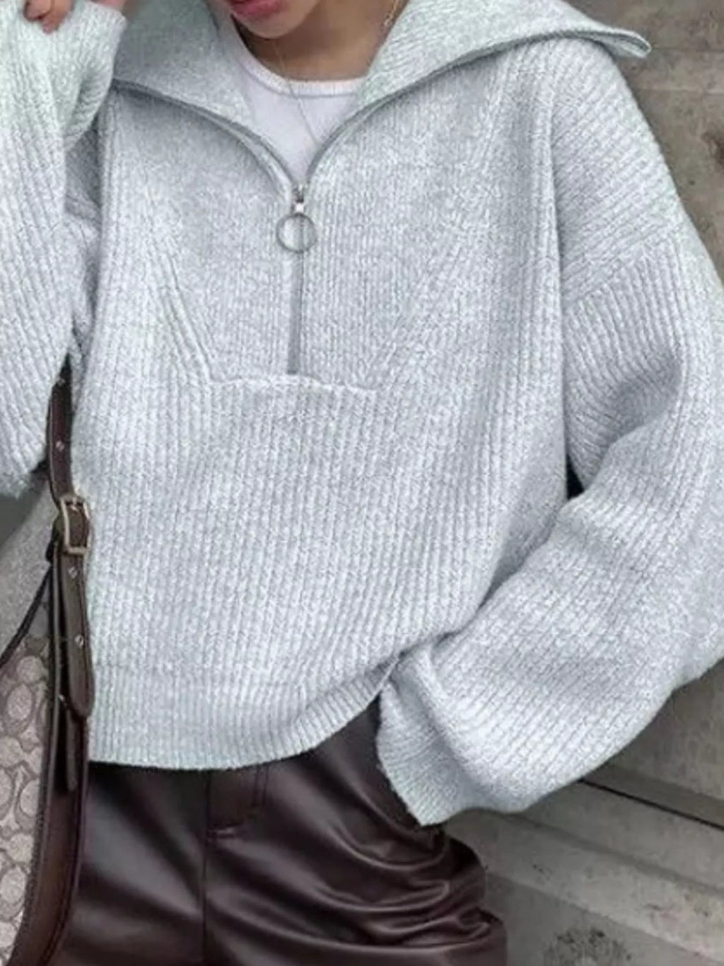 Women's Sweater Half Zip Dropped Shoulder Knit Loose Pullover 7566aa74-e9ee-4aaa-8cba-5c23b7be157a-Max-Origin Trendsi