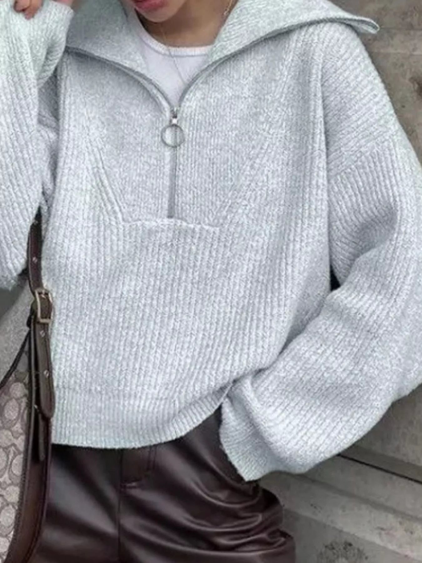 Women's Sweater Half Zip Dropped Shoulder Knit Loose Pullover 7566aa74-e9ee-4aaa-8cba-5c23b7be157a-Max-Origin Trendsi