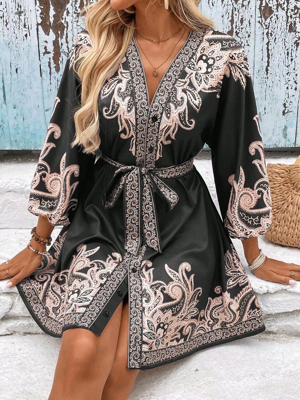 Mini Kimono Dress Paisley Printed V-Neck Balloon 3/4 Sleeve S-2XL 756d2057-ea09-4ce6-969c-19327b15886f-Max-Origin Trendsi