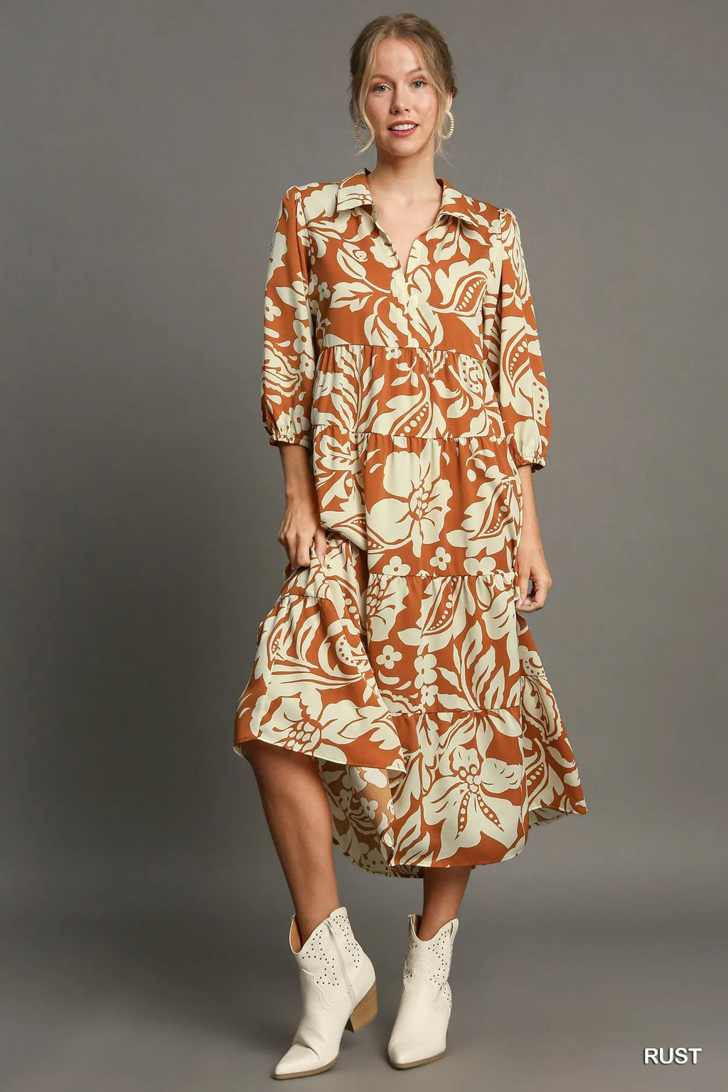 Umgee Midi Shirt Dress Rust Floral Tiered 3/4 Sleeve Rust 7579ff70-b83e-43da-a2c1-64daebbd7322-Max-Origin Trendsi