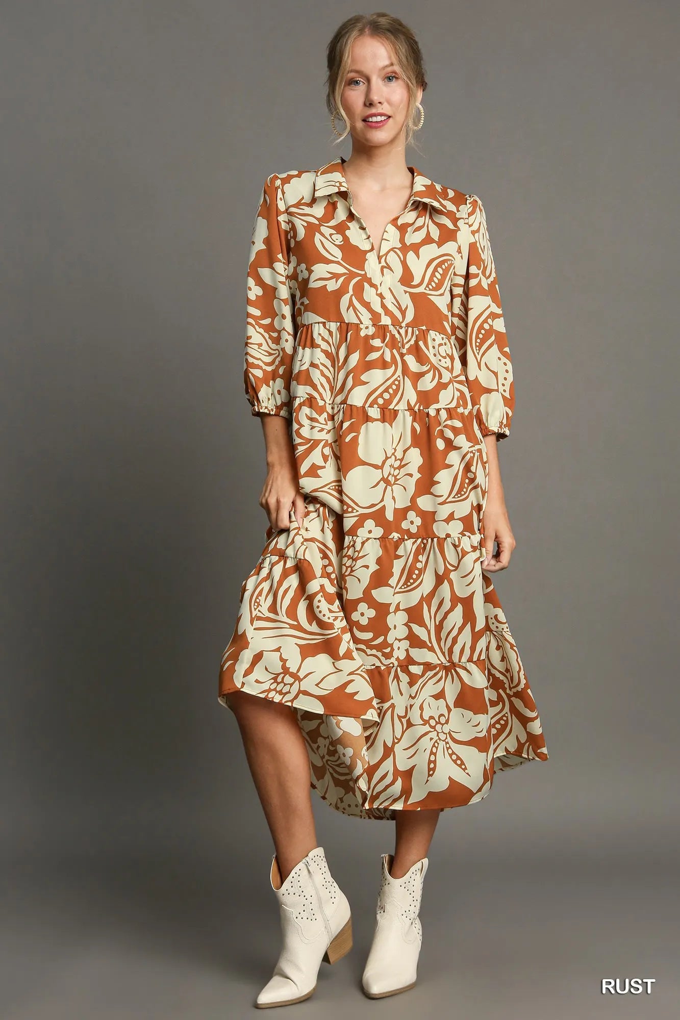 Umgee Midi Shirt Dress Rust Floral Tiered 3/4 Sleeve Rust 7579ff70-b83e-43da-a2c1-64daebbd7322-Max-Origin Trendsi