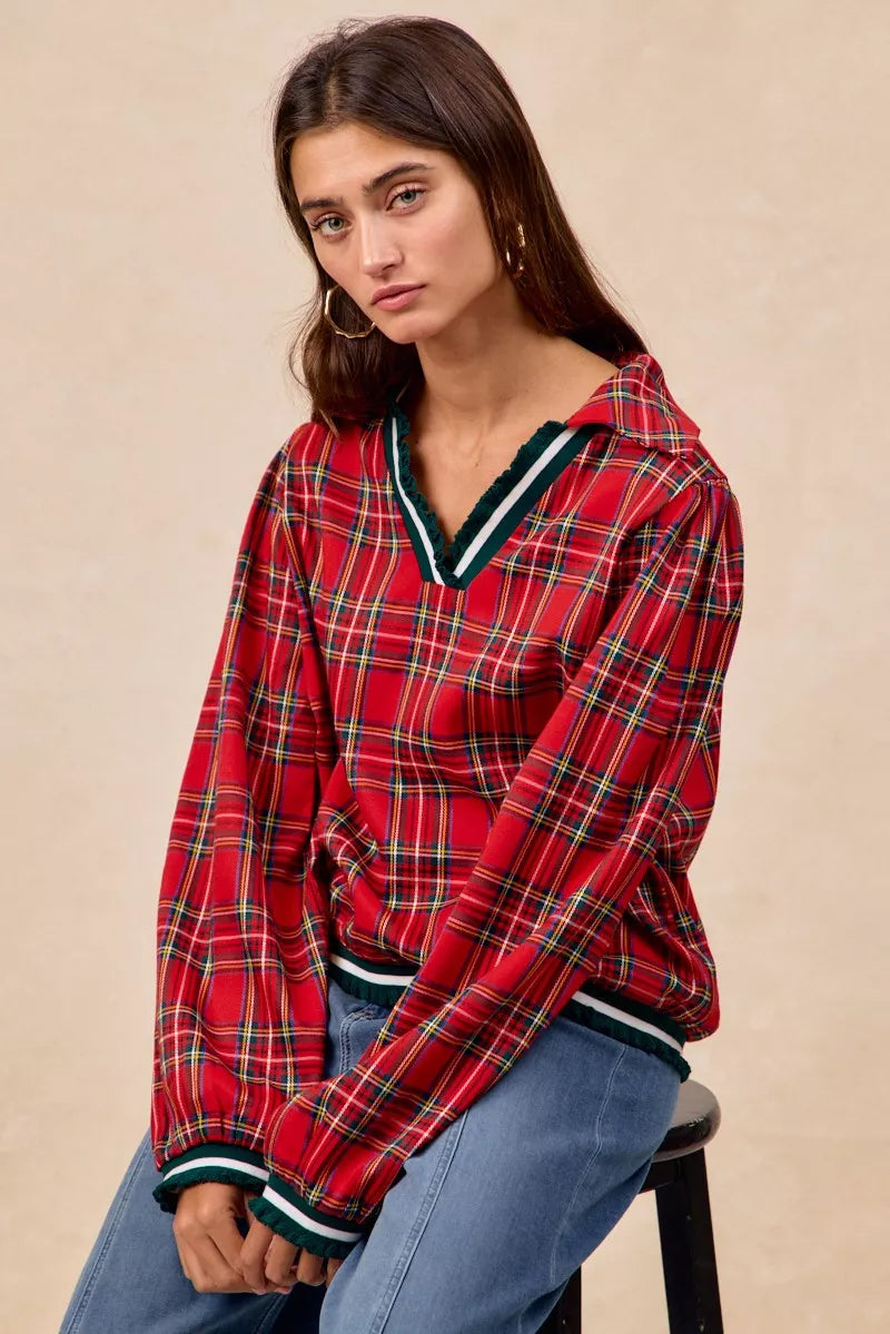 BiBi Christmas Womens Blouse Red Plaid Collared Top with Ruffled Detail 758eb3e1fcb94bdf9f271412b8aedbb9-Max-Origin Trendsi