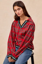 BiBi Christmas Womens Blouse Red Plaid Collared Top with Ruffled Detail 758eb3e1fcb94bdf9f271412b8aedbb9-Max-Origin Trendsi