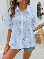 Lace Eyelet Women's Shirts Collared Neck Half Ruffle Sleeve Tops 759095f0-1c85-41fd-8174-f5d1d92db372-Max-Origin Trendsi