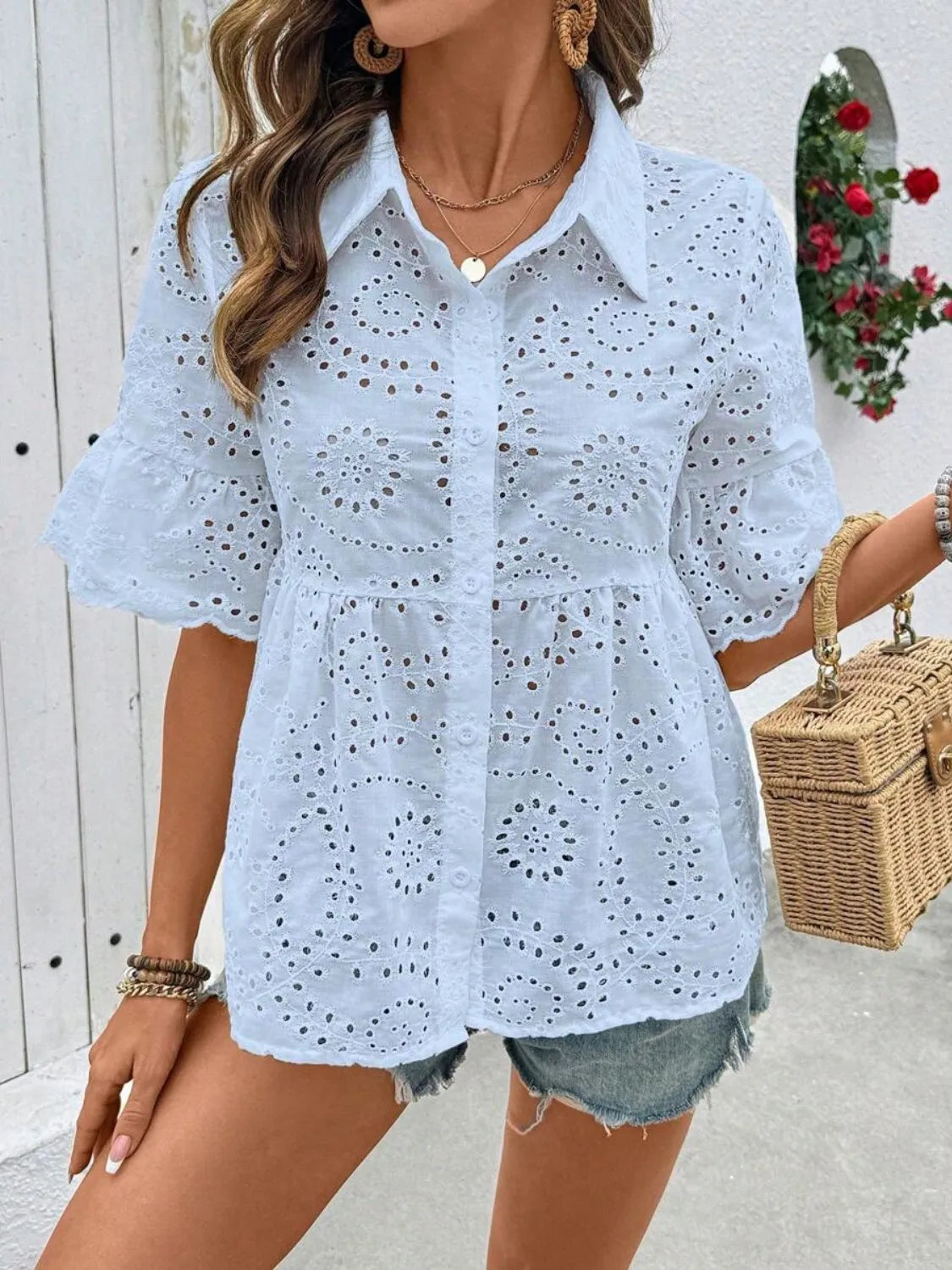 Lace Eyelet Women's Shirts Collared Neck Half Ruffle Sleeve Tops 759095f0-1c85-41fd-8174-f5d1d92db372-Max-Origin Trendsi