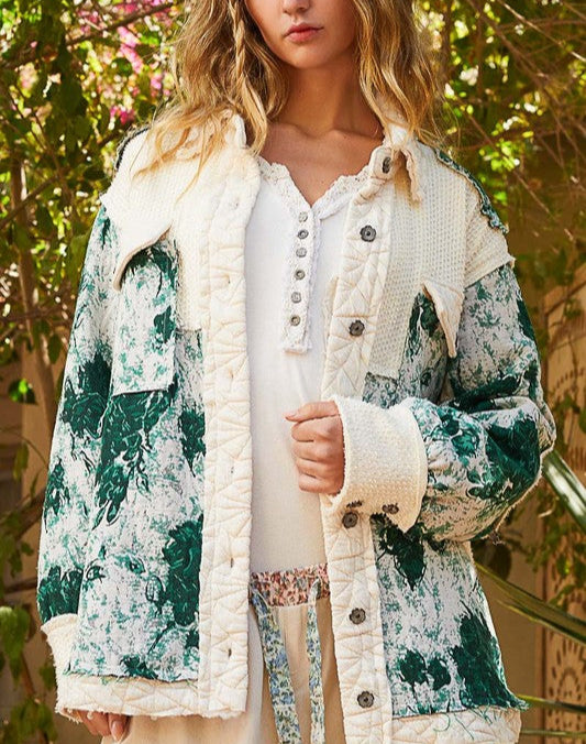 POL Quilted Jacket Jacquard Patch Collared Neck Green Floral Cream Coat