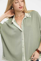Umgee Linen Blouse Mint Button Front Top with Contrast Piping 7591fcea-8a7d-4f64-a583-53fc4fe57923-Max-Origin Trendsi