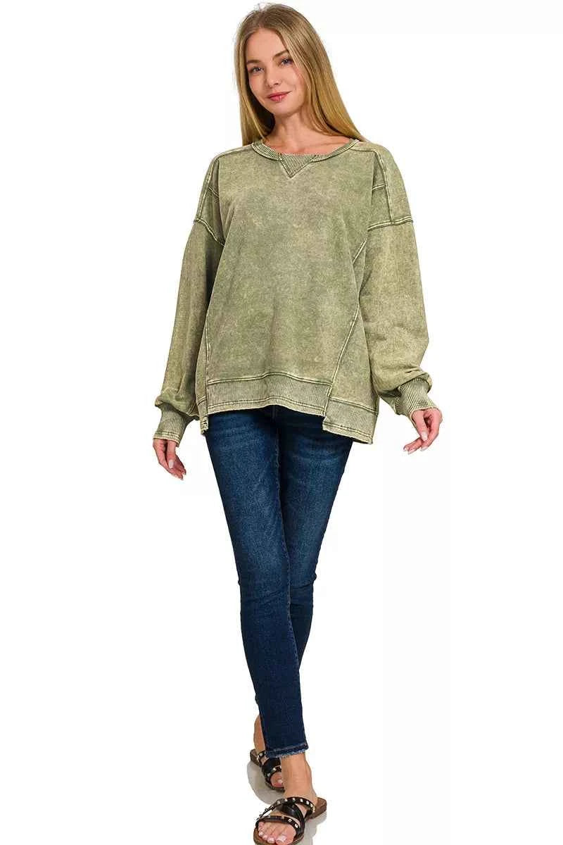 Zenana Women Sweatshirt Light Olive French Terry Acid Wash Pullover Top 759375b0-0b52-49c8-a83d-b6cfa1622415-Max-Origin Trendsi