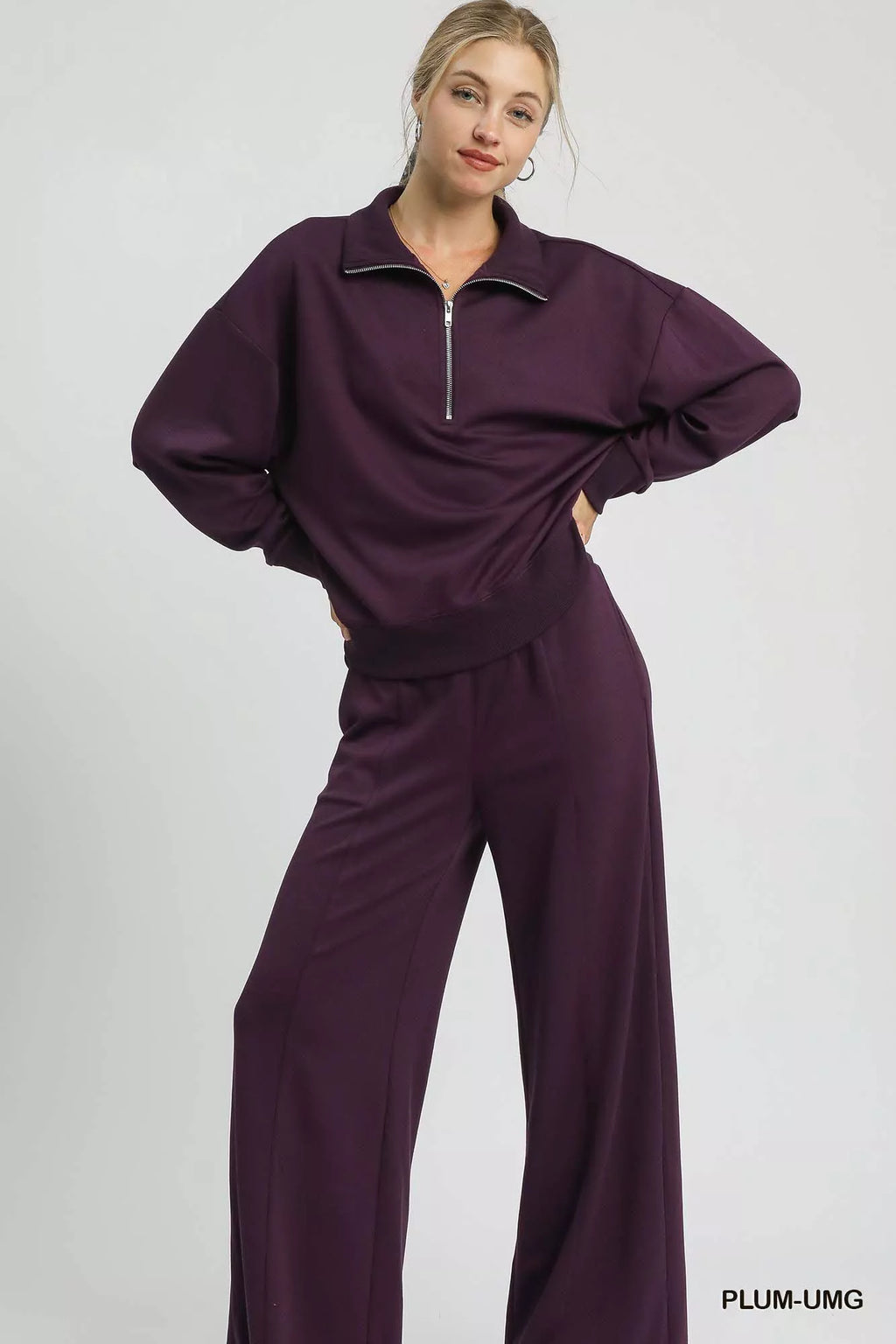 Umgee Women's Sweatshirt Plum Half Zip Collared Drop Shoulder Long Sleeve 759785fc-c9bf-4161-aebf-1050c1354da1-Max-Origin Trendsi