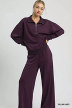 Umgee Women's Sweatshirt Plum Half Zip Collared Drop Shoulder Long Sleeve 759785fc-c9bf-4161-aebf-1050c1354da1-Max-Origin Trendsi