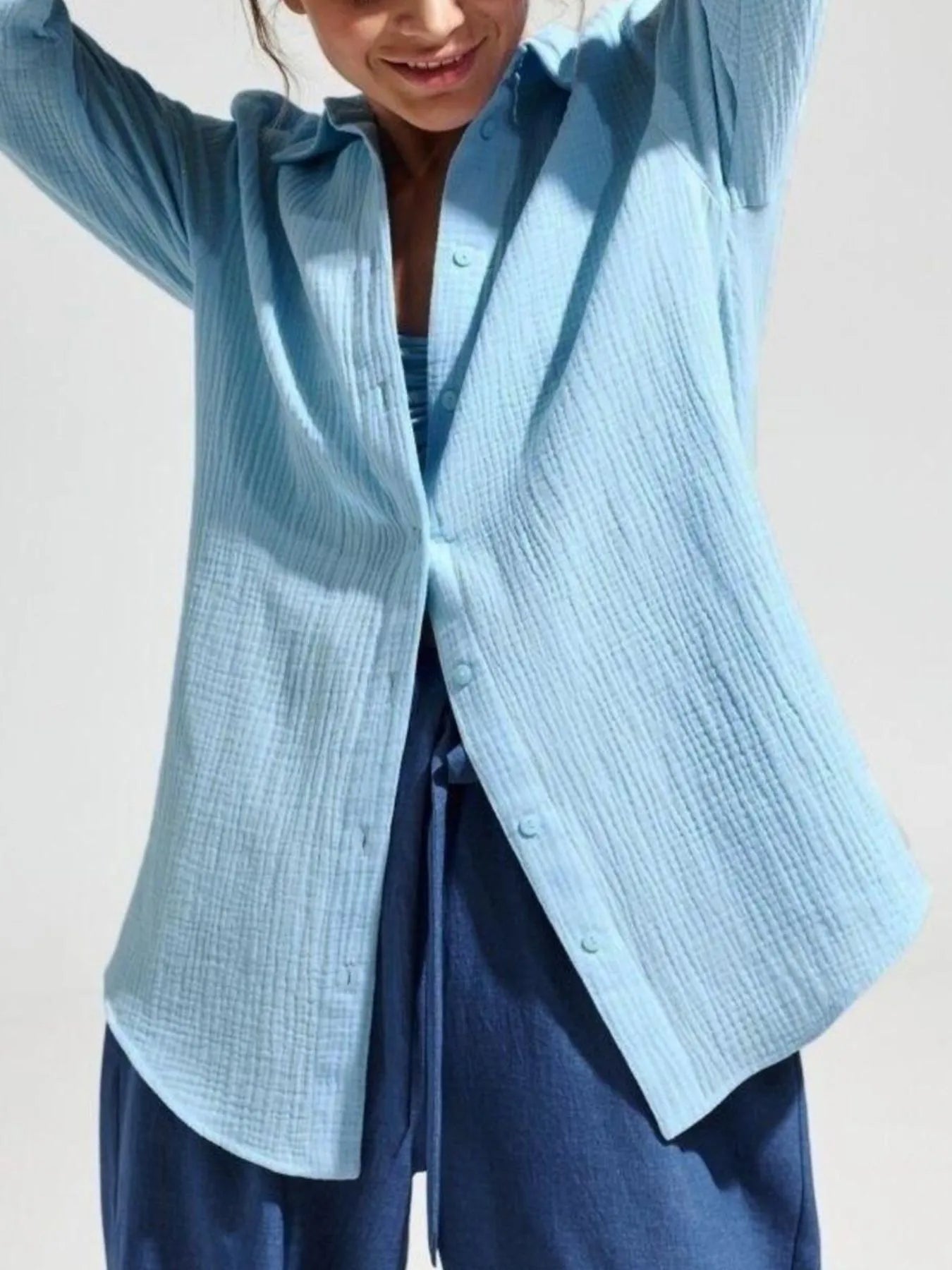 Women's Shirt Texture Oversized Button Up Long Sleeve Top Blue 759cd779-1fd4-455c-b049-0ed32b2ff5f6-Max-Origin Trendsi