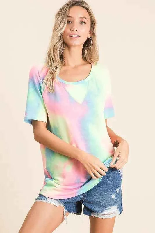 BiBi Women T-shirt Tie Dye Pastel Multi Color French Terry Print Top PASTEL MULTI 759e524f732f4bfc9542d0c517460007-Max-Origin Trendsi
