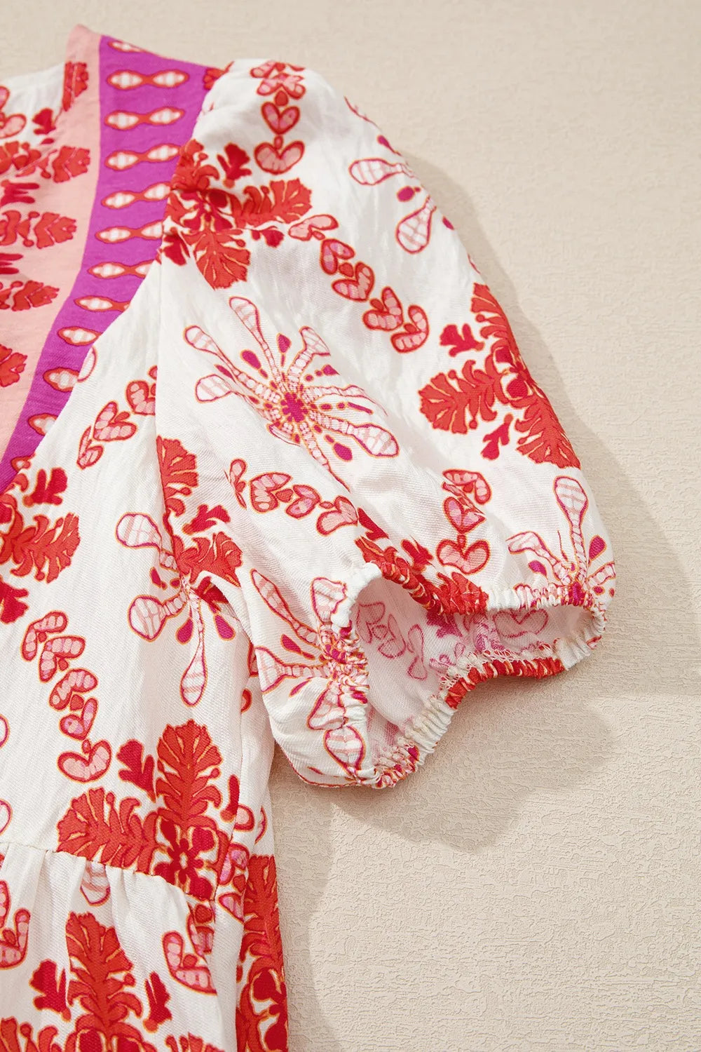 Boho Mini Dress Hot Pink Floral Short Sleeve Tie Neck 75a7fba6-ca14-4fe3-8624-7dfeb92253e3-Max-Origin Trendsi