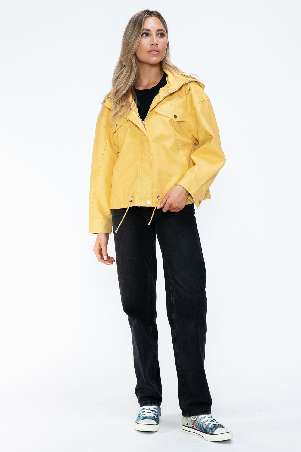 How Dare U Women PU Leather Jacket Drawstring Hem Zip Up Jacket Yellow