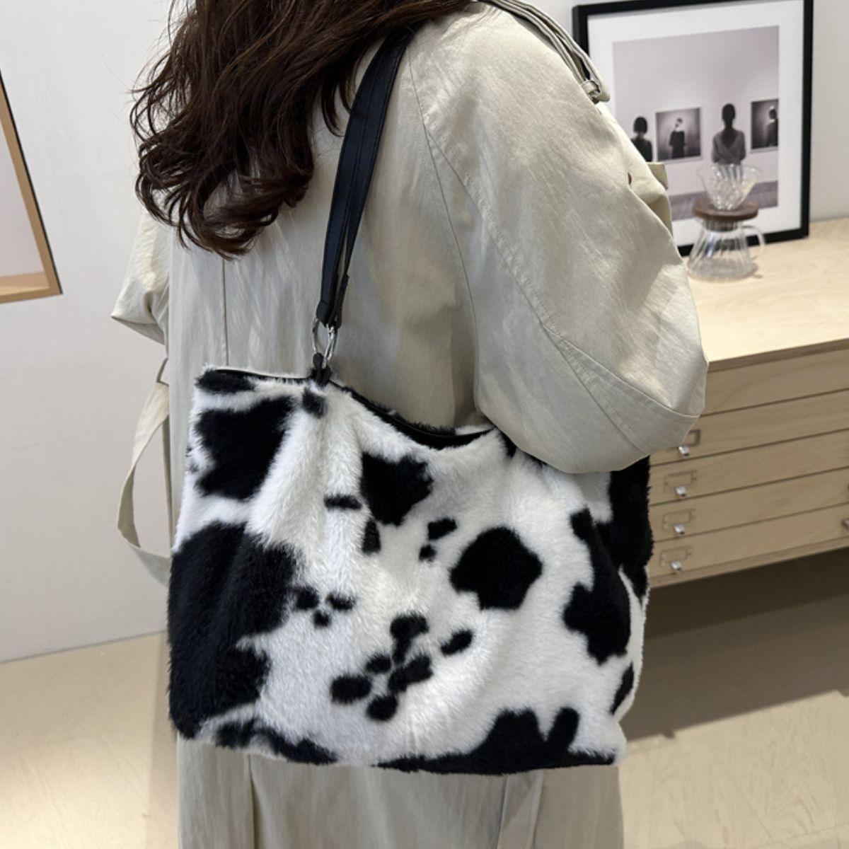 Furry Tote Handbag Large Cow Print Women Zipper Shoulder Bags 75ad6c51-091a-4379-9c08-bf9a39a1a312-Max Trendsi