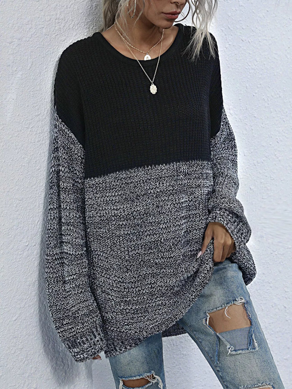 Women's Oversized Sweater Color Block Long Sleeve Knitwear 75b02936-0c42-403c-870c-1bae503fdf6b-Max-Origin Trendsi