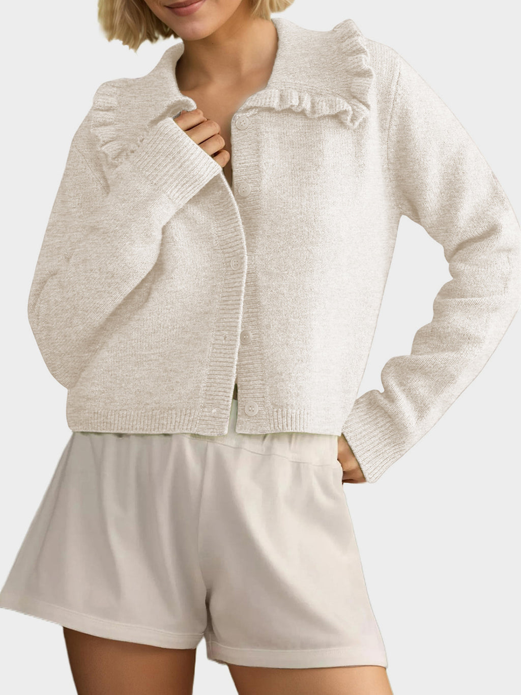 Women Cardigan Frill Collared Cotton Blend Knit Button Up Neck Long Sleeve White 75b62487-5791-45d1-ab0f-8c2c6365d108-Max Trendsi