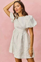 SO ME Jacquard Mini Dress White Floral Bubble Shorts Sleeves 75b6dce5608e46589fe4141611198f25-Max-Origin Trendsi
