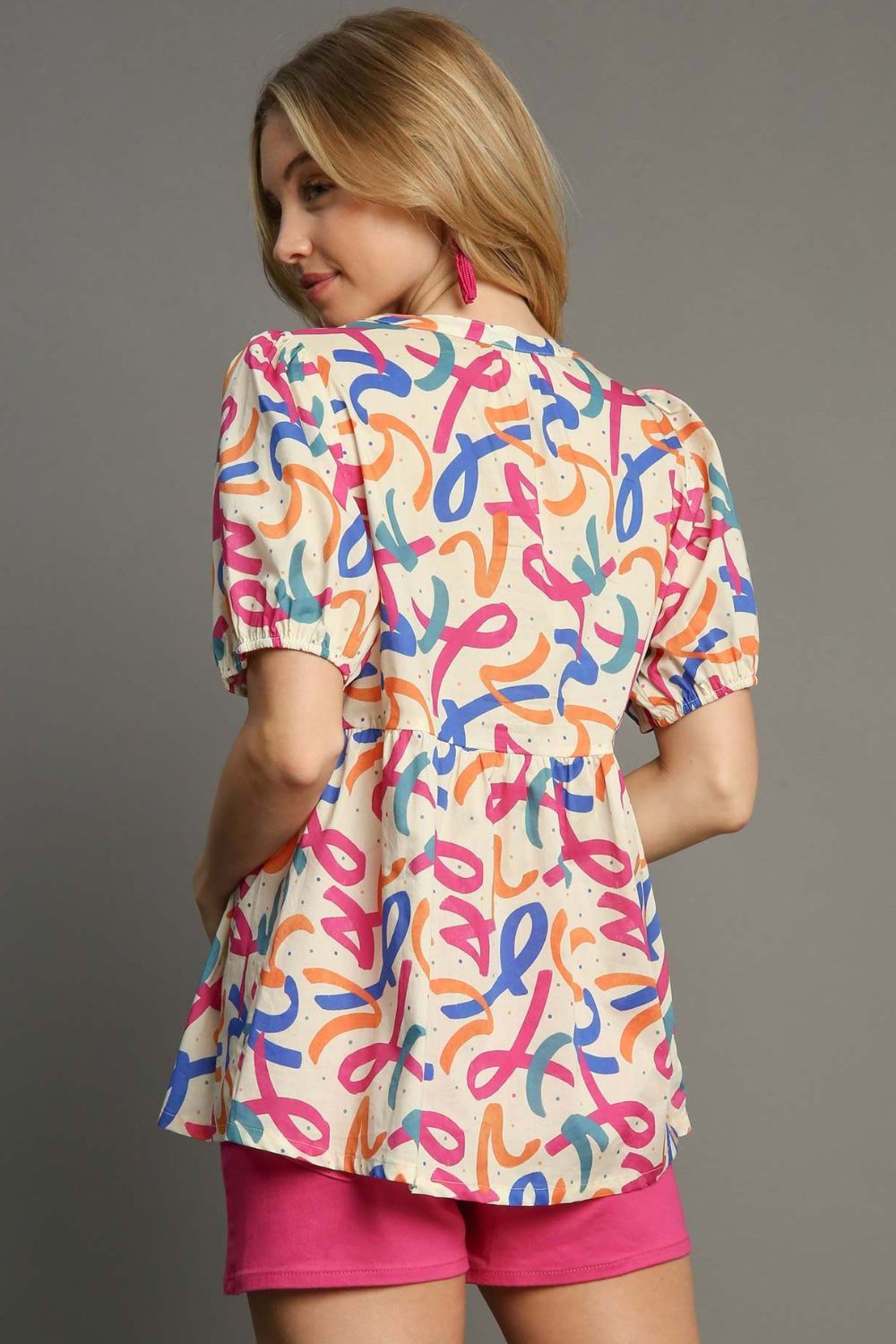Umgee Babydoll Blouse Colorful Confetti Mixed Print Puff Short Sleeve Top