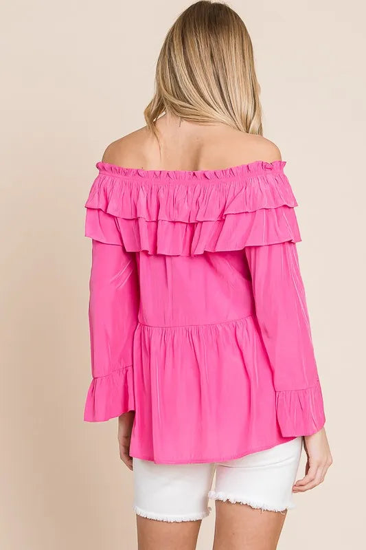 Lime 'N' Chili Ruffled Top Fuchsia Pink Trumpet Sleeve Off-The-Shoulder Blouse 75c2bd34a0fc42f9be2d7780ee21da4e-Max-Origin Trendsi