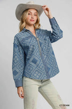 Umgee Women's Denim Jacket Paisley Print Shirt Light Blue Buttoned Oversized 75c60e5f-86a6-47fe-856b-a9aa2a405278-Max-Origin Trendsi
