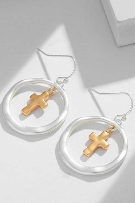 Cross Dangle Earrings Silver Brass Contrast Gold-plated Round Women Jewelry