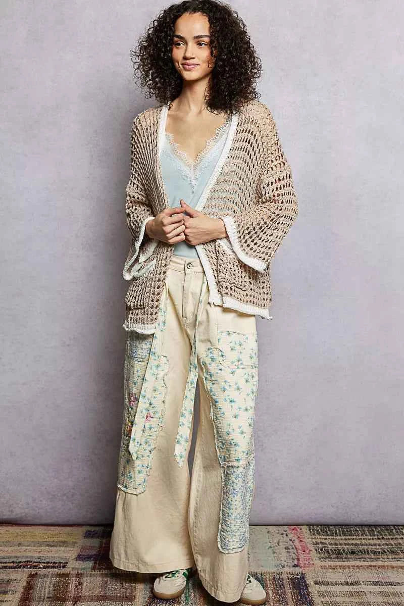 POL Open Front Openwork Cardigan with Contrast Trim